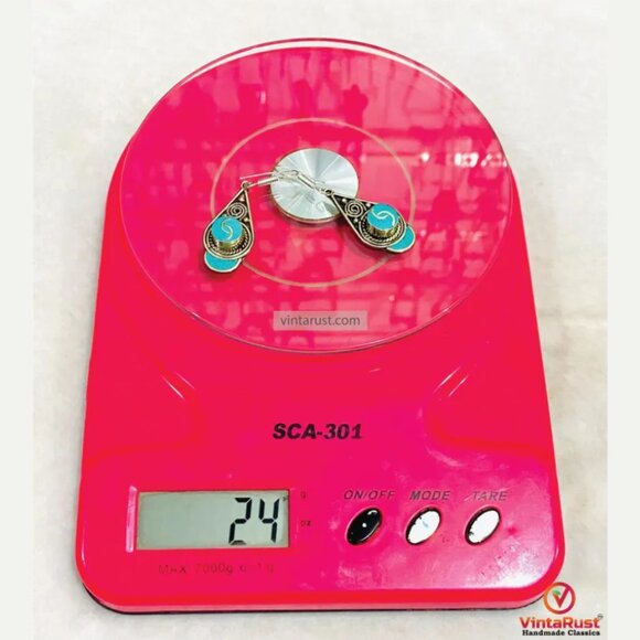 Turquoise Nepalese Earrings, Handmade Boho Gypsy Drop Earrings, Boho Festival - Picture 3 of 4